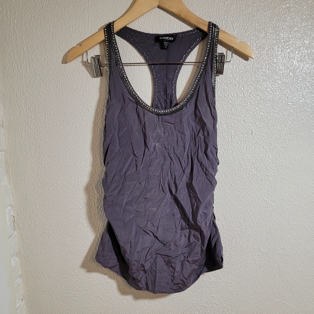 y2k Bebe Silk Spandex Beaded Chain Link Neck Racerback Ruched Tank sz XS Gray
